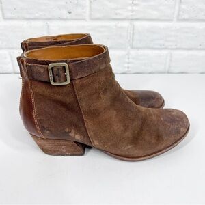 KORK EASE Brown Distressed Block Heel Boot with buckle & Side Zip Almond toe
